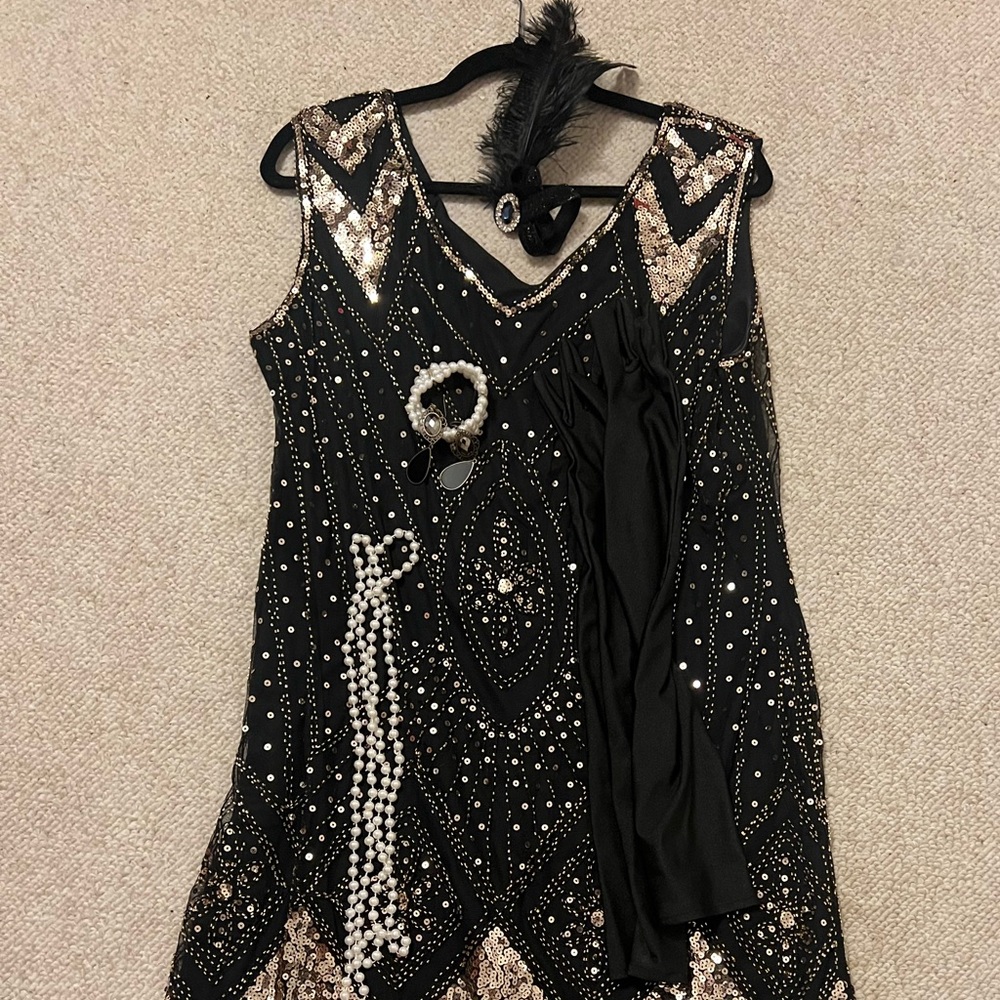 Elegant Black and Gold Beaded Dress flapper dress - Picture 3 of 3